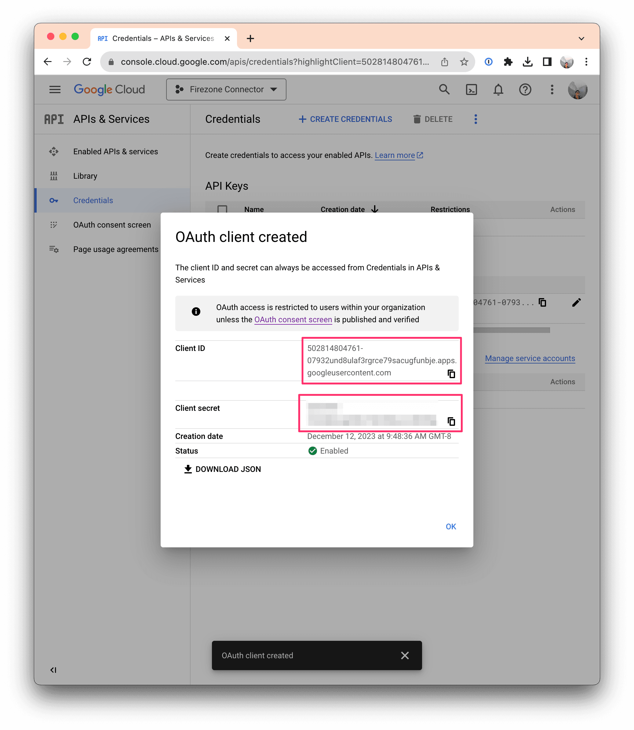 Web application credentials